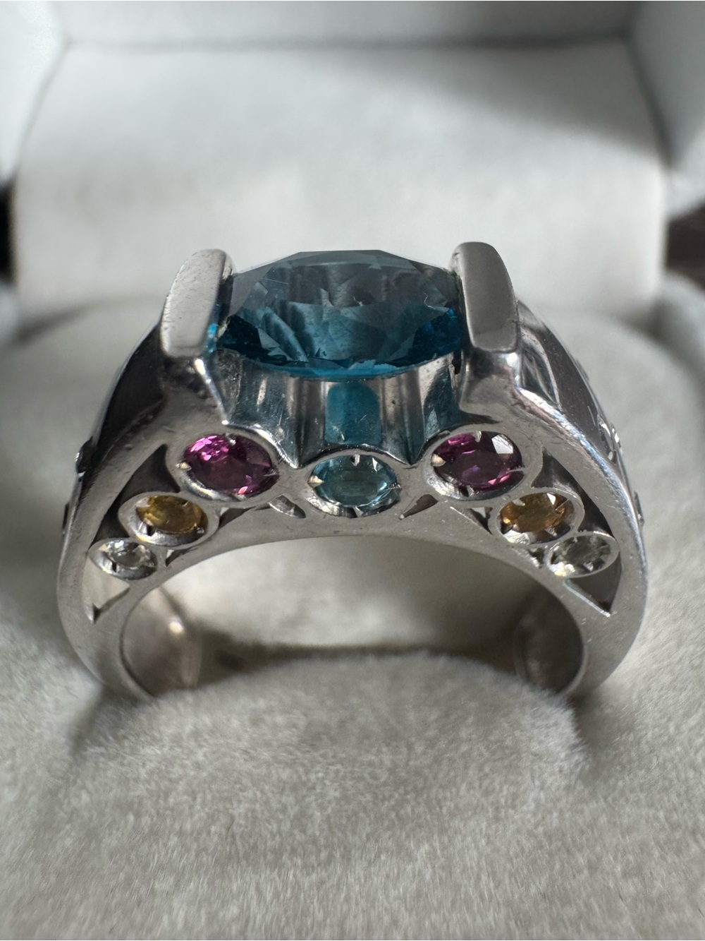 Vintage ATF Danish 925 Sterling Silver Ring Blue Topaz Rainbow Accent Multi-Gem